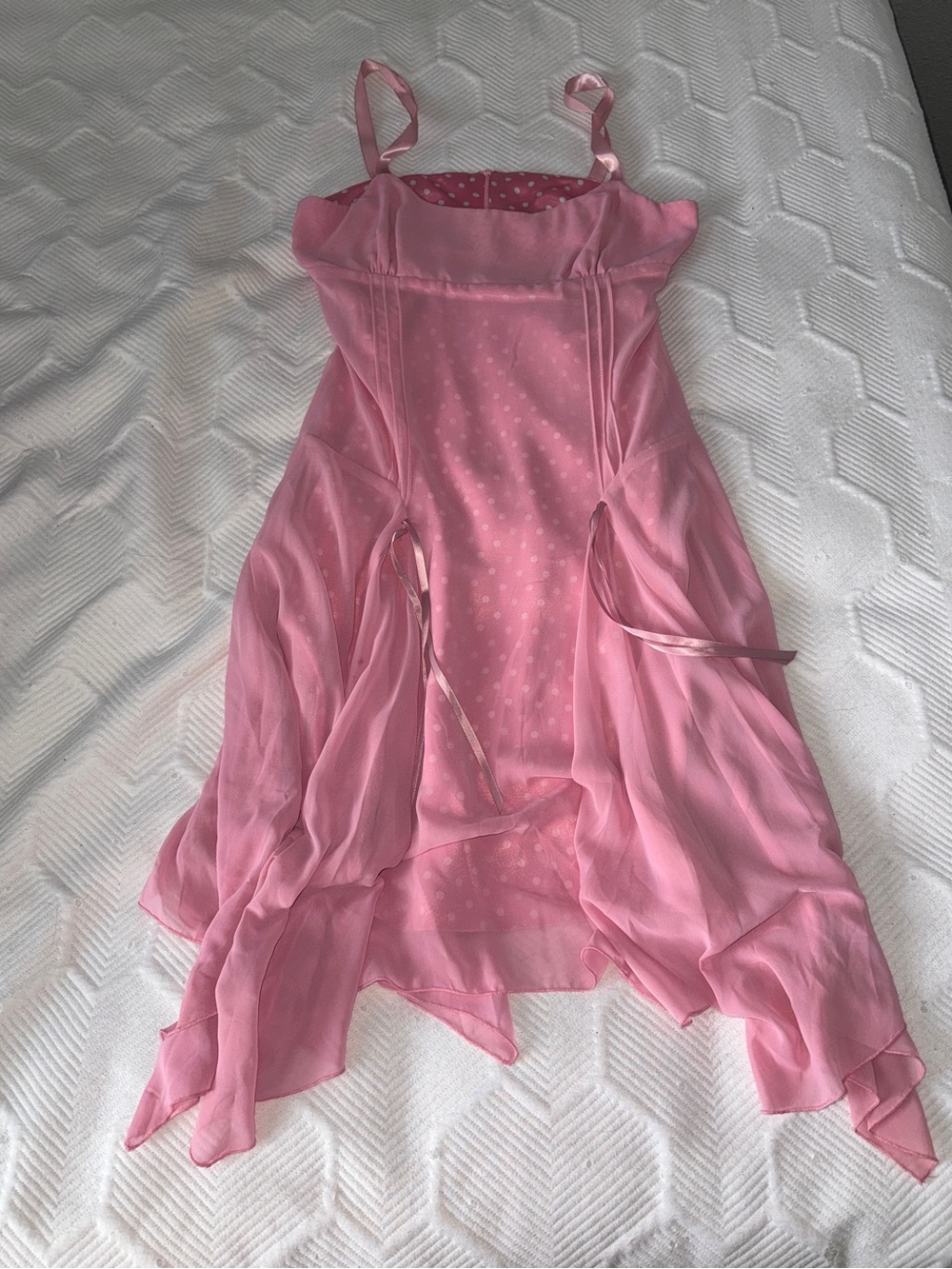 Vintage Kate Landry Pink Asymmetric Hem Polka Dot Trim Fairycore Midi Dress Sz 8